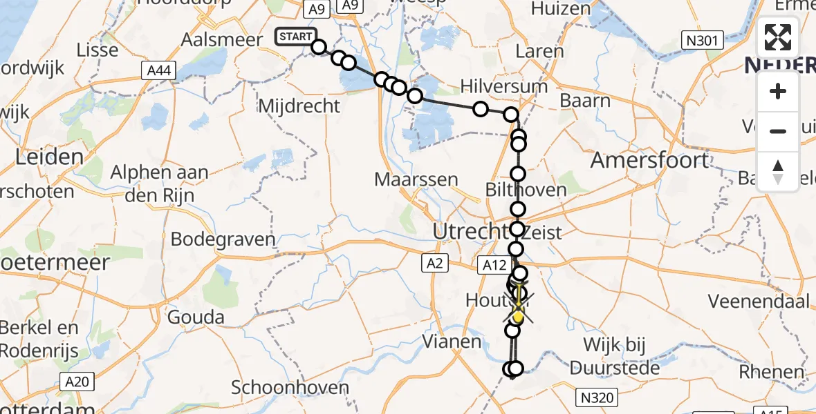 Routekaart van de vlucht: Politieheli naar Houten, Middenweg Bovenkerker Polder