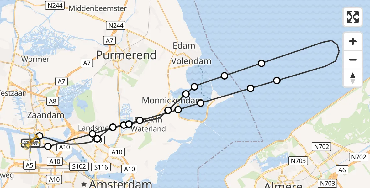 Vluchtroute Traumahelikopter van Amsterdam Heliport naar Amsterdam Heliport