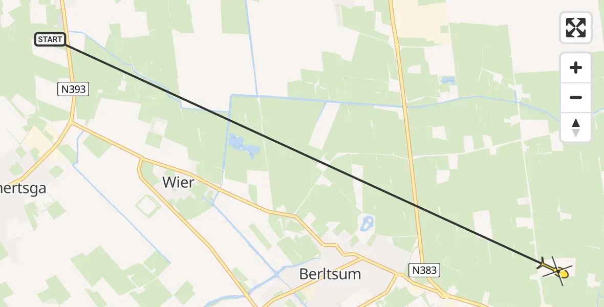 Routekaart van de vlucht: Ambulancehelikopter naar St.-Annaparochie, Zuiderweg