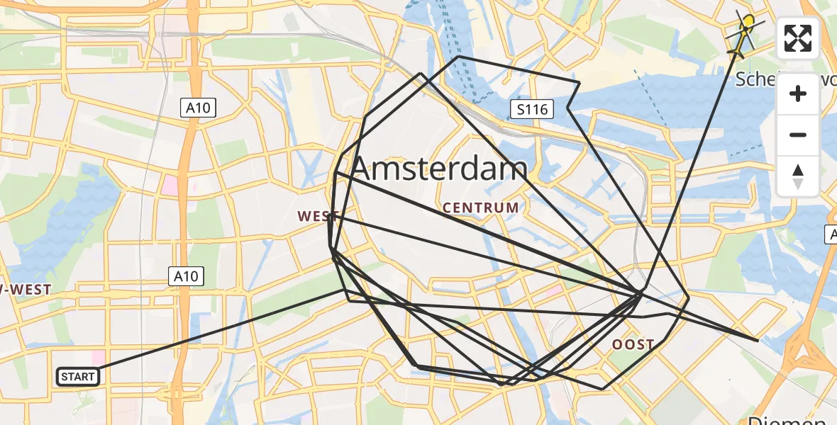 Vluchtroute Politiehelikopter van Amsterdam naar Amsterdam