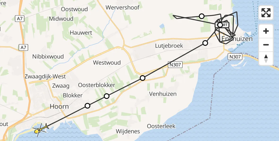 Routekaart van de vlucht: Politieheli naar Hoorn, Vaandersweid