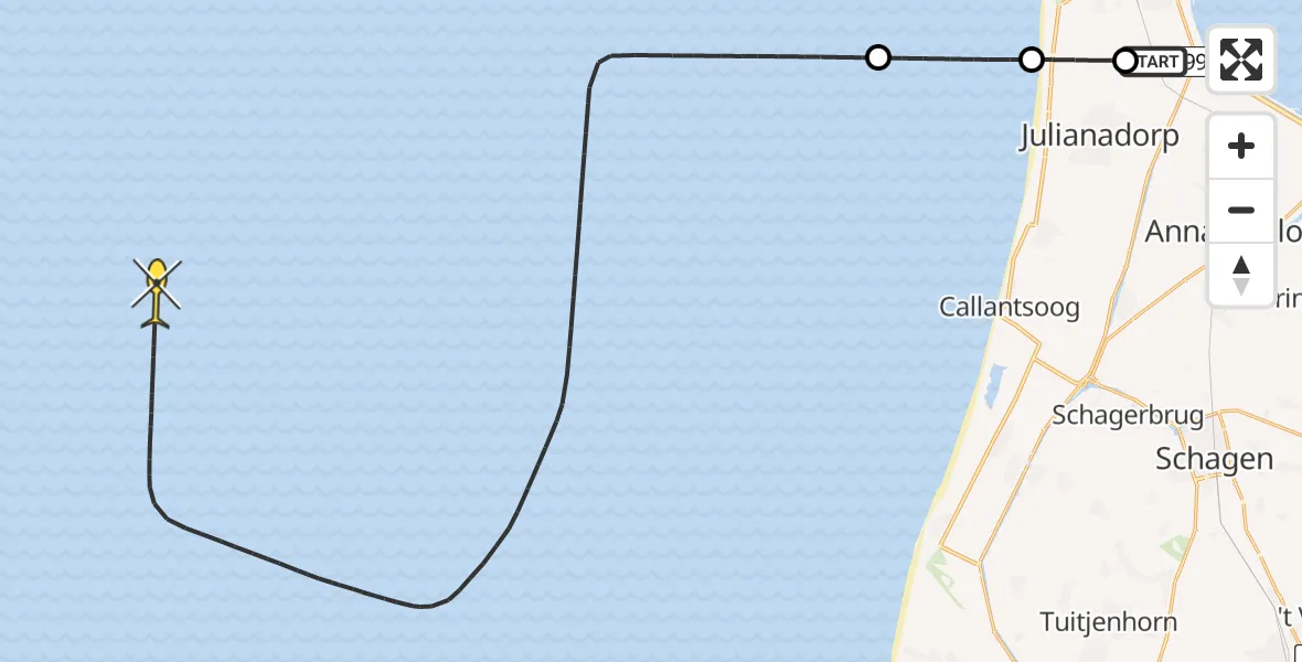 Routekaart van de vlucht: Kustwachthelikopter naar Middenvliet