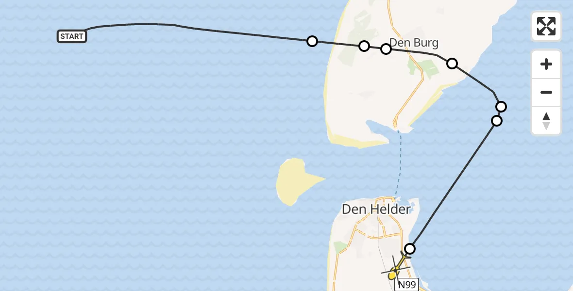 Routekaart van de vlucht: Kustwachthelikopter naar Vliegveld De Kooy, Karel Doormanweg