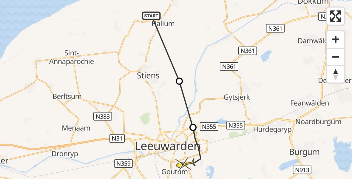 Routekaart van de vlucht: Ambulancehelikopter naar Leeuwarden, Meekmawei