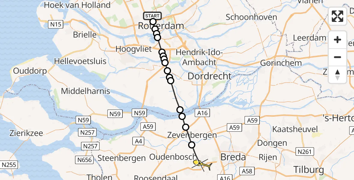 Routekaart van de vlucht: Lifeliner 2 naar Etten-Leur, Fairoaksbaan