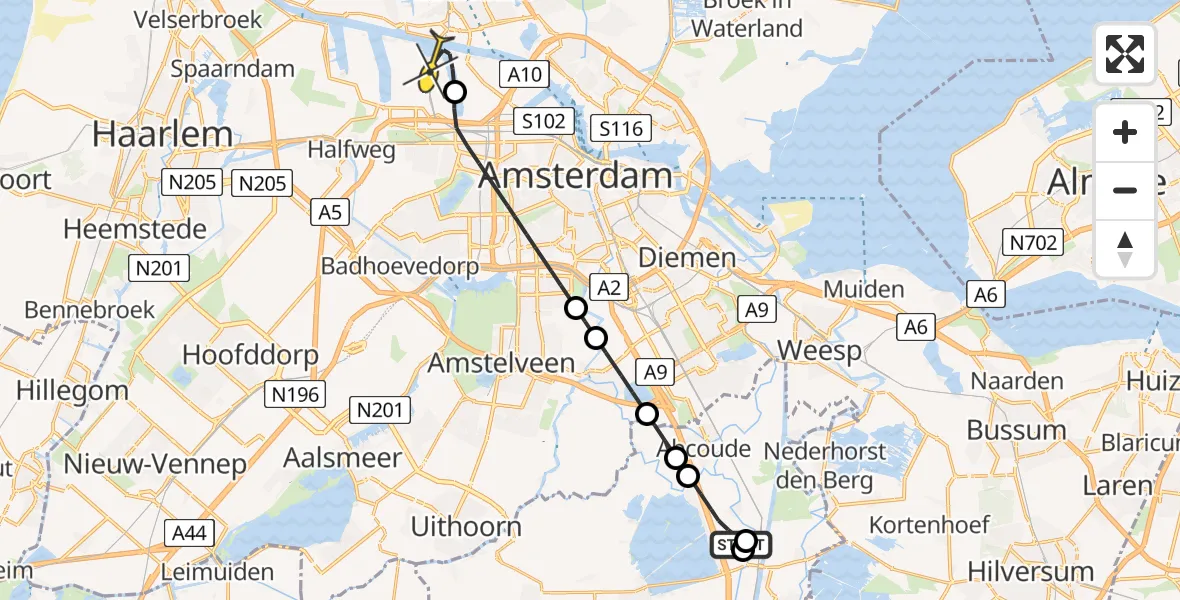 Routekaart van de vlucht: Lifeliner 1 naar Amsterdam Heliport, Zuwe