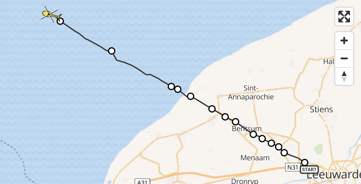 Routekaart van de vlucht: Ambulanceheli naar Formerum, Harlingerstraatweg