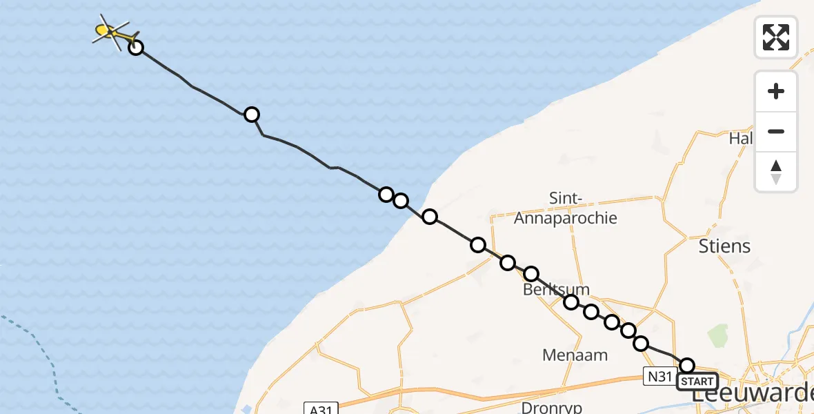 Routekaart van de vlucht: Ambulancehelikopter naar Formerum, Harlingerstraatweg