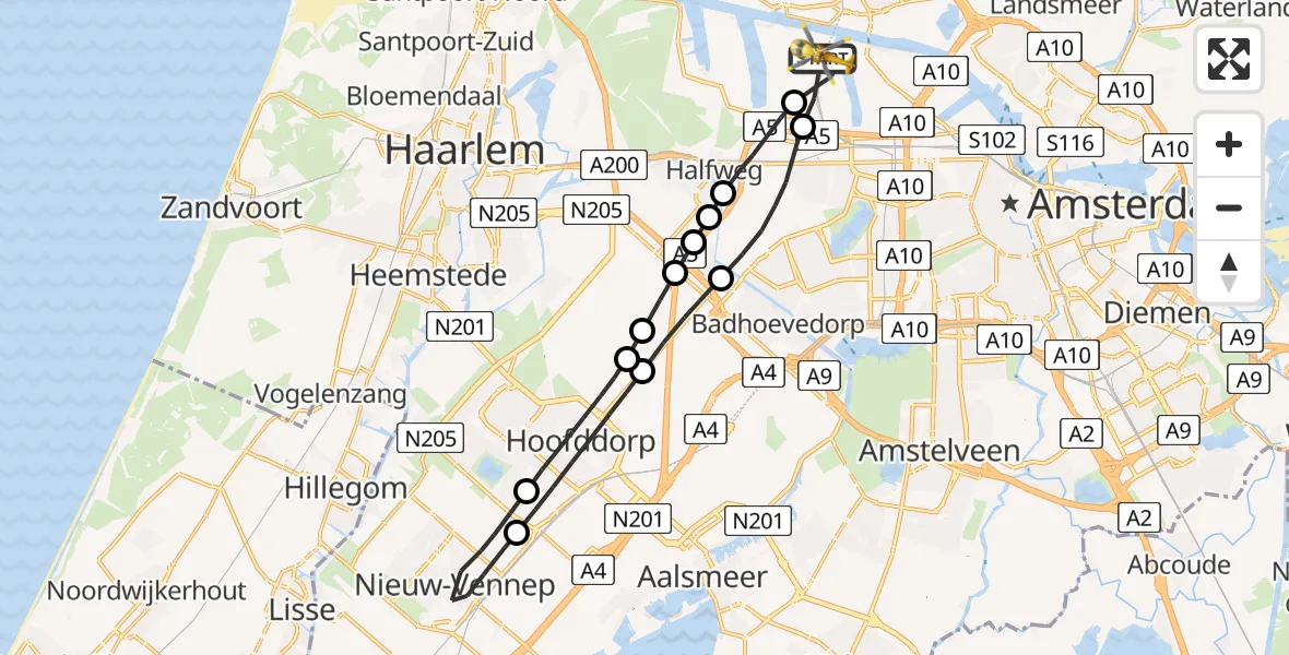Vluchtroute Traumahelikopter van Amsterdam Heliport naar Amsterdam Heliport