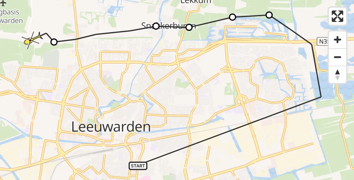 Vluchtroute Ambulancehelikopter van Leeuwarden naar Vliegbasis Leeuwarden