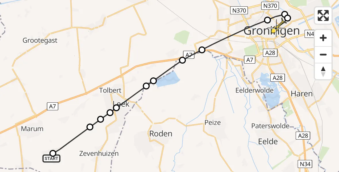 Routekaart van de vlucht: Lifeliner 4 naar Universitair Medisch Centrum Groningen, Jonkersvaart