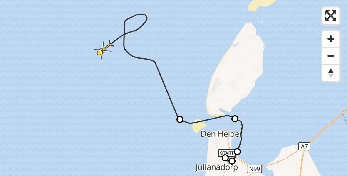 Routekaart van de vlucht: Kustwachthelikopter naar Rijksweg