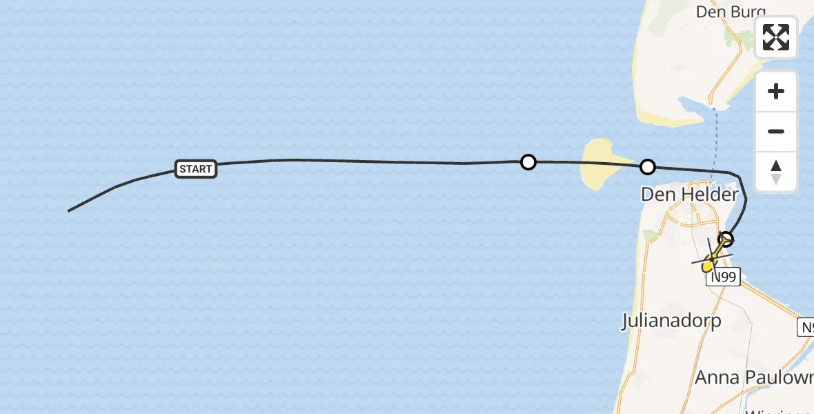 Routekaart van de vlucht: Kustwachthelikopter naar Vliegveld De Kooy, Zeepromenade