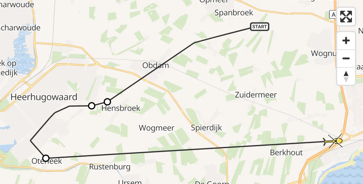 Routekaart van de vlucht: Politieheli naar Berkhout, Spanbroekerweg