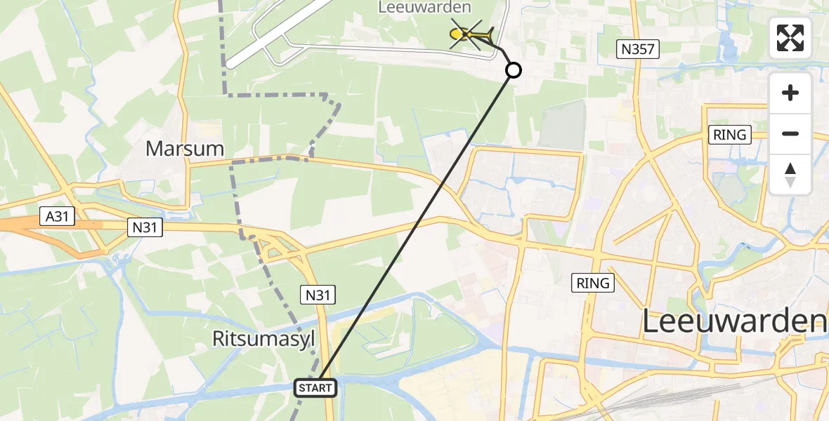 Vluchtroute Ambulancehelikopter van Leeuwarden naar Vliegbasis Leeuwarden