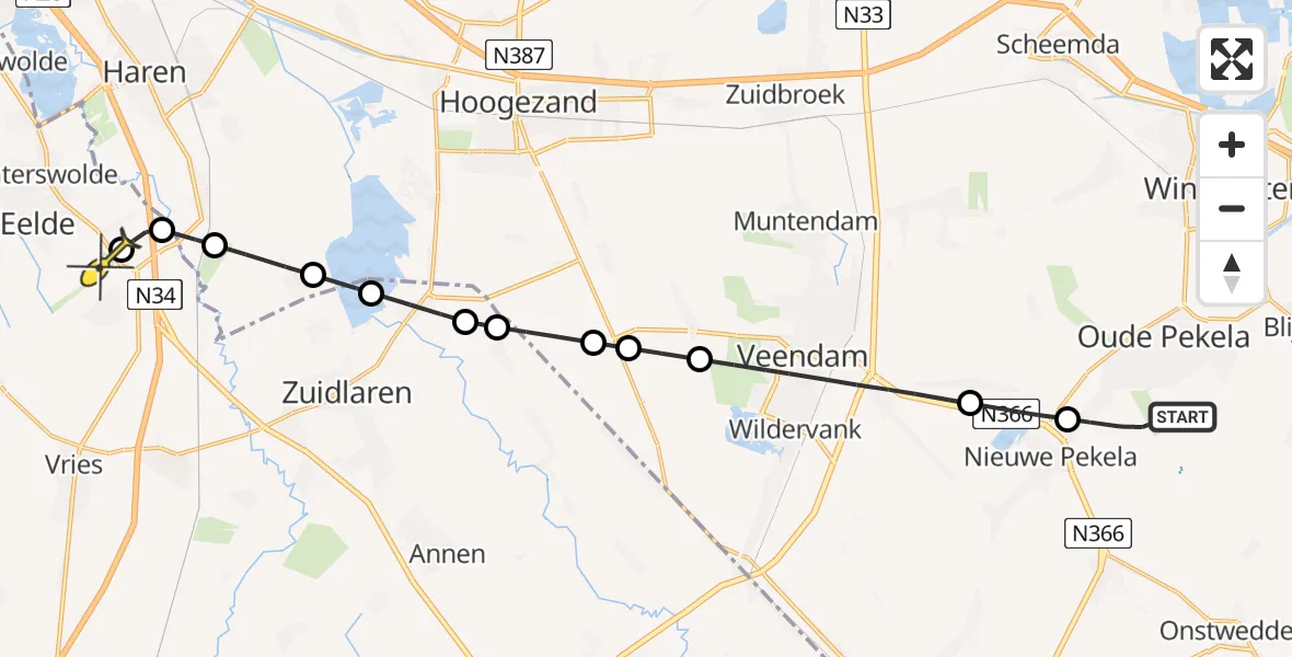 Routekaart van de vlucht: Lifeliner 4 naar Groningen Airport Eelde, Pekelder Bos