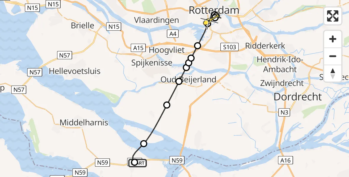 Routekaart van de vlucht: Lifeliner 1 naar Erasmus MC, Groote Kreek