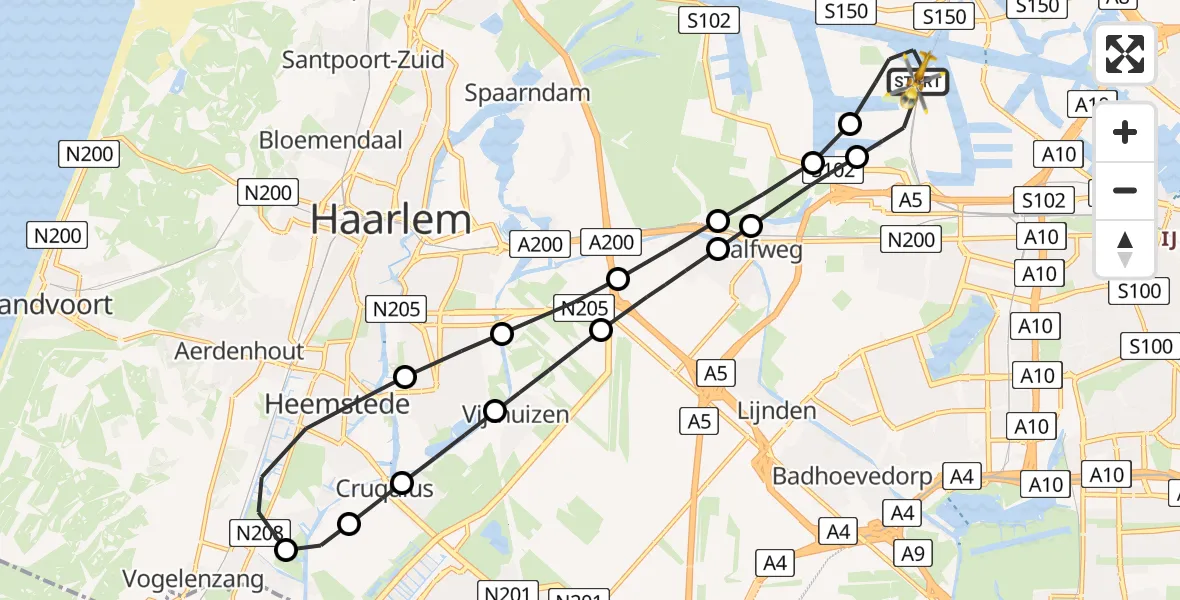 Vluchtroute Traumahelikopter van Amsterdam Heliport naar Amsterdam Heliport