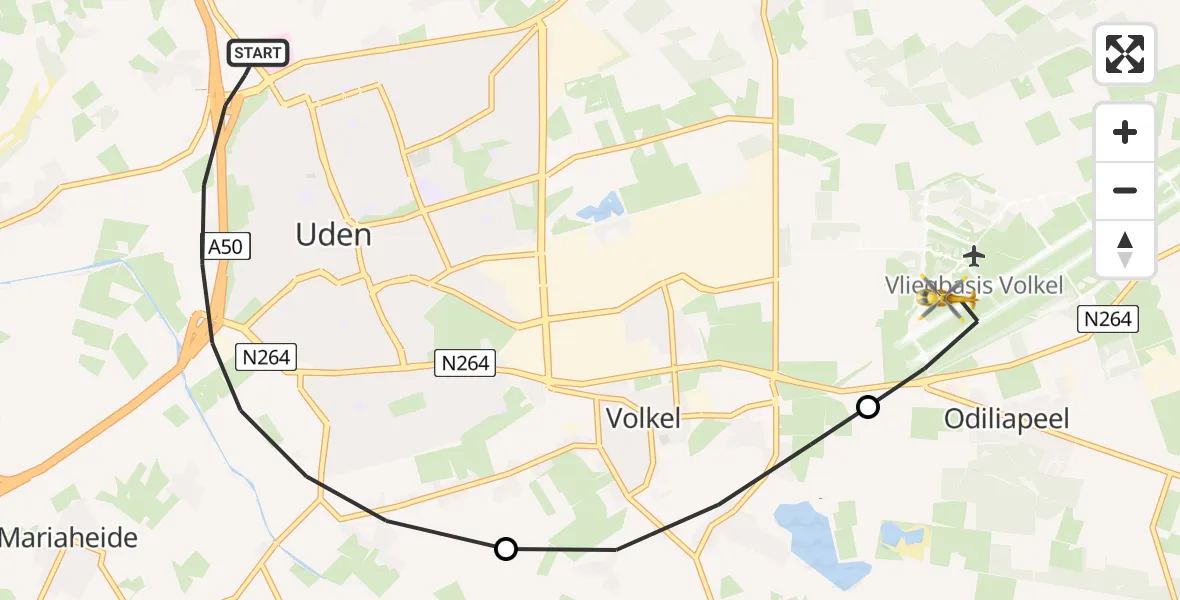 Vluchtroute Traumahelikopter van Uden naar Vliegbasis Volkel