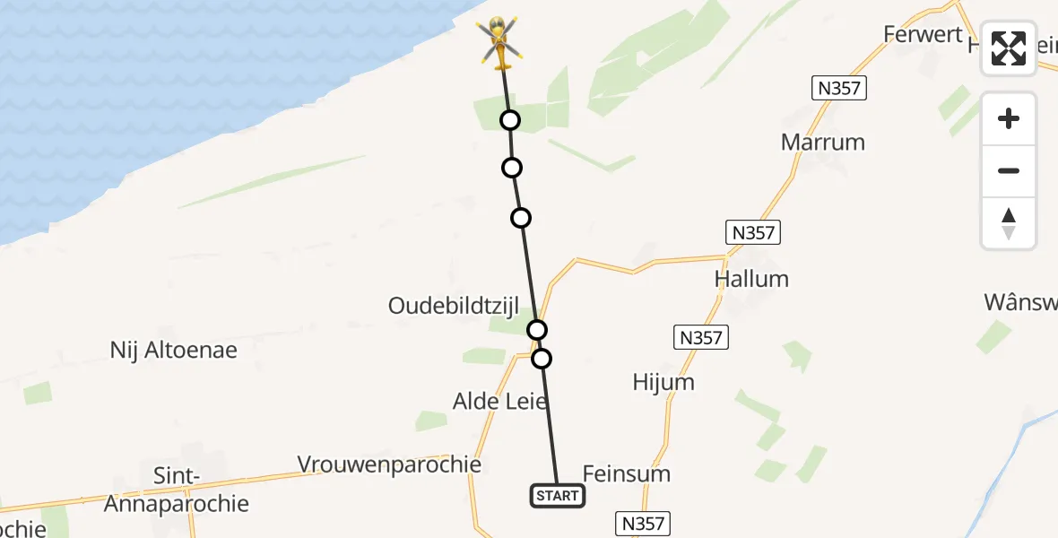 Vluchtroute Ambulancehelikopter Stiens - Marrum, 02 februari 2024, 06:46