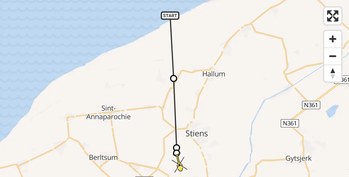Routekaart van de vlucht: Ambulancehelikopter naar Leeuwarden, Efterste Dyk