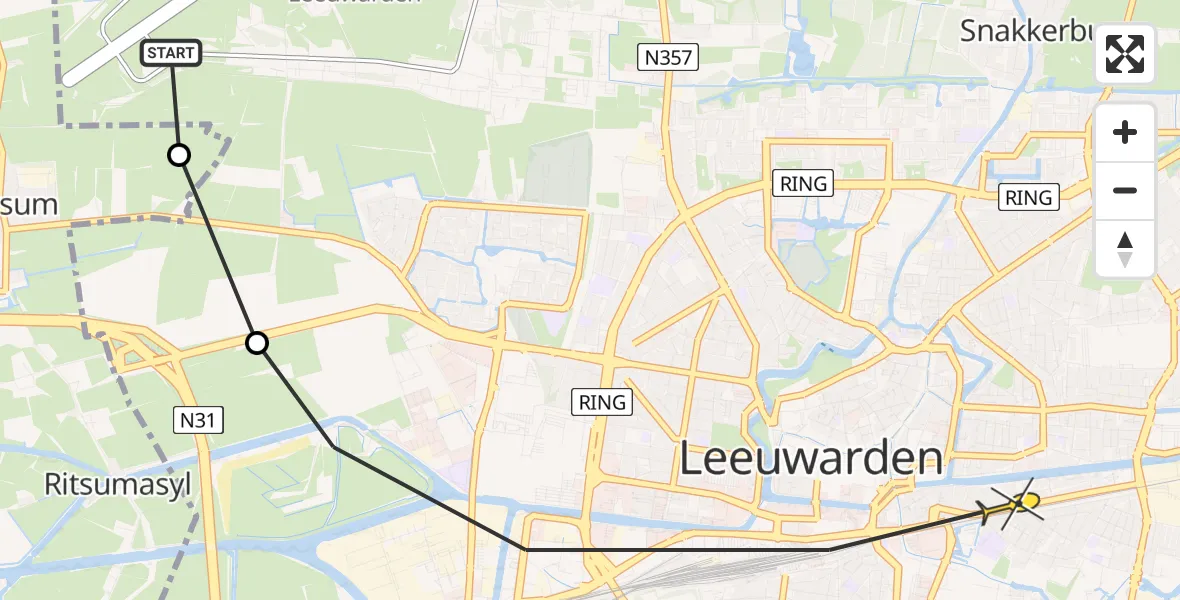 Routekaart van de vlucht: Ambulancehelikopter naar Leeuwarden, Ljouwerterdyk