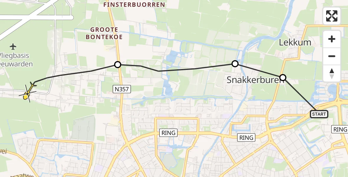 Vluchtroute Ambulancehelikopter van Leeuwarden naar Vliegbasis Leeuwarden