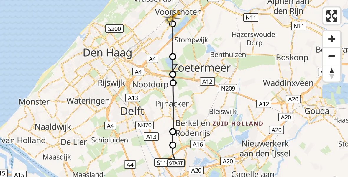 Vluchtroute Traumahelikopter Rotterdam The Hague Airport - Voorschoten, 02 februari 2024, 08:44