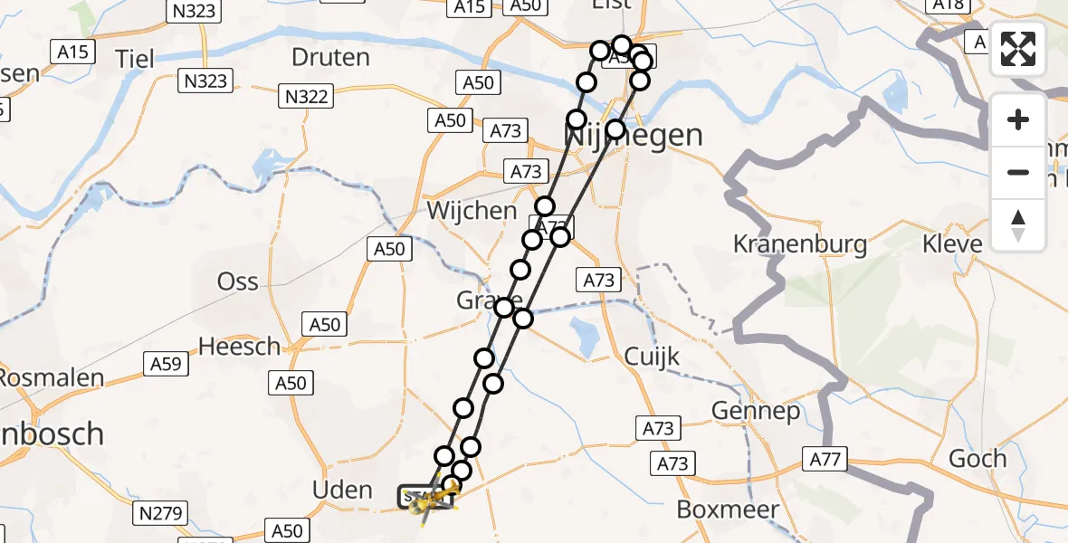 Vluchtroute Traumahelikopter van Vliegbasis Volkel naar Vliegbasis Volkel