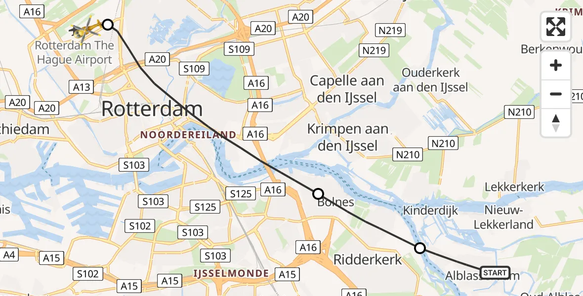Vluchtroute Traumahelikopter Alblasserdam - Rotterdam The Hague Airport, 02 februari 2024, 09:12