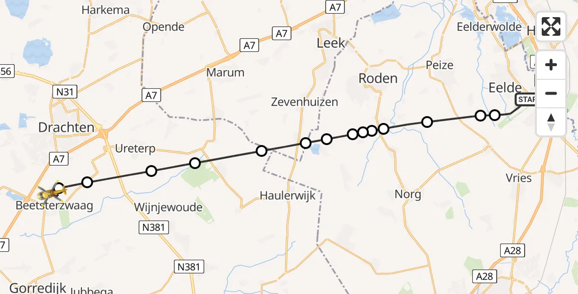 Vluchtroute Traumahelikopter Groningen Airport Eelde - Beetsterzwaag, 02 februari 2024, 09:35