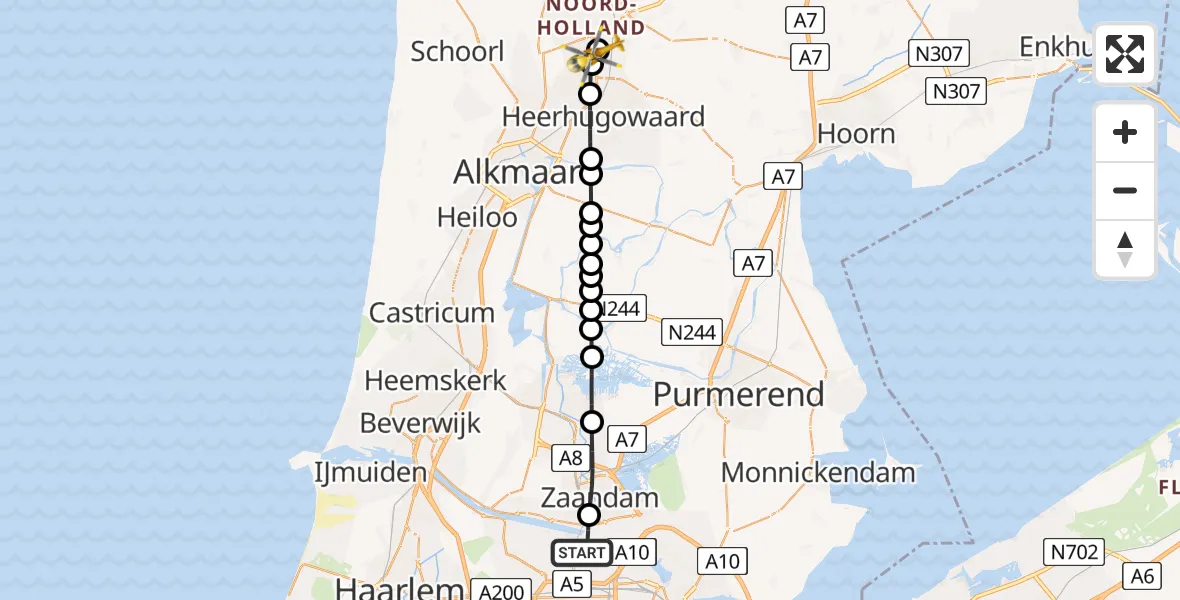 Vluchtroute Traumahelikopter van Amsterdam Heliport naar Heerhugowaard