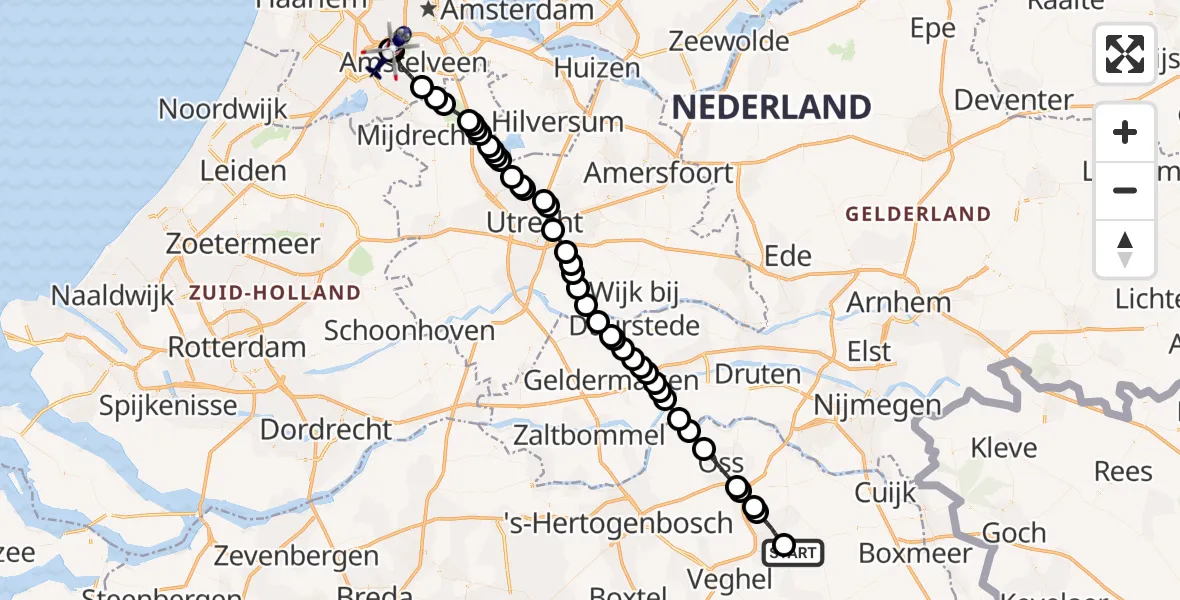 Vluchtroute Politiehelikopter van Vliegbasis Volkel naar Schiphol