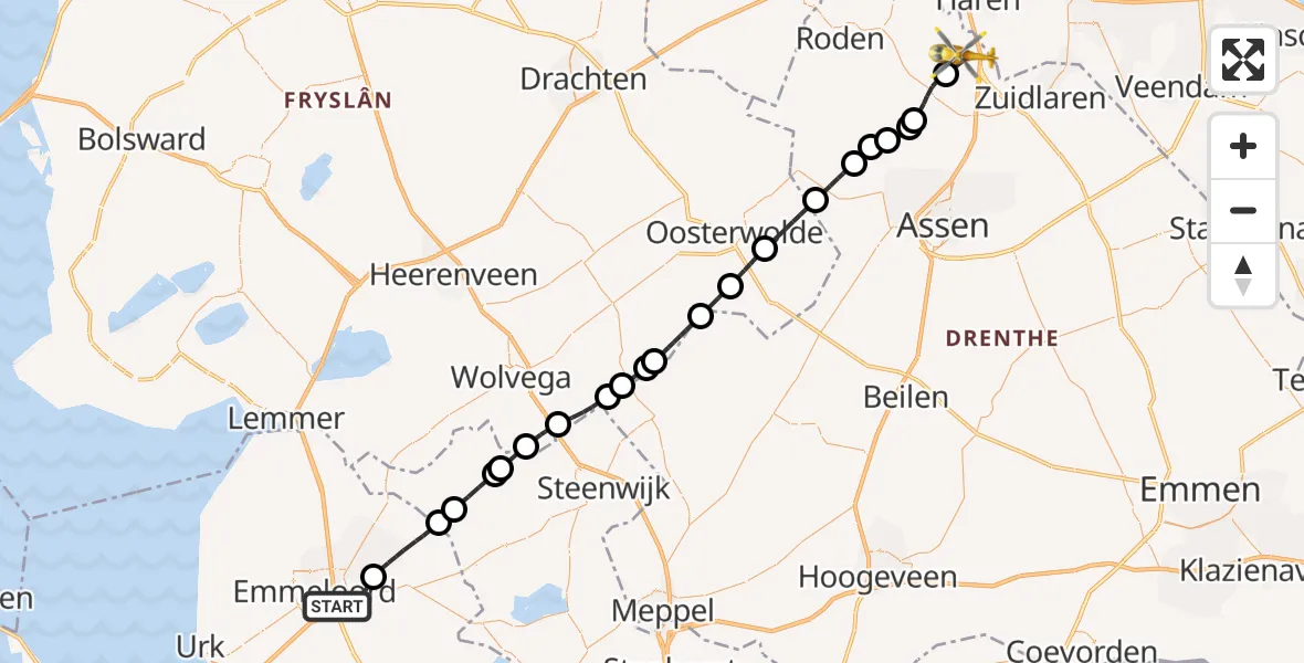 Vluchtroute Traumahelikopter Emmeloord - Groningen Airport Eelde, 02 februari 2024, 13:42