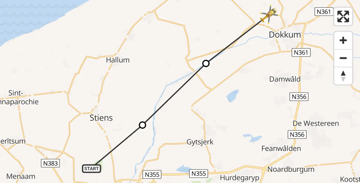 Vluchtroute Ambulancehelikopter Vliegbasis Leeuwarden - Bornwird, 02 februari 2024, 13:48