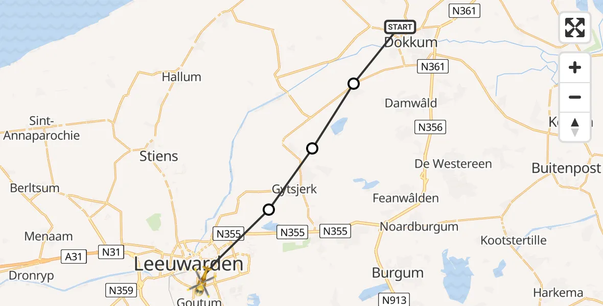 Routekaart van de vlucht: Ambulancehelikopter naar Leeuwarden, Hantumer Feart
