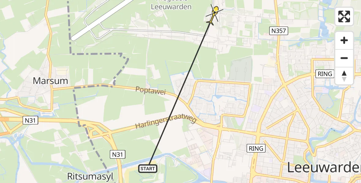 Routekaart van de vlucht: Ambulancehelikopter naar Vliegbasis Leeuwarden, Sylsterrak