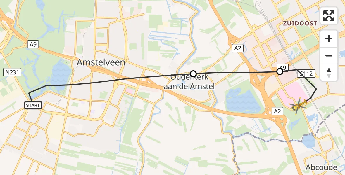 Vluchtroute Traumahelikopter Amstelveen - Academisch Medisch Centrum (AMC), 02 februari 2024, 16:15