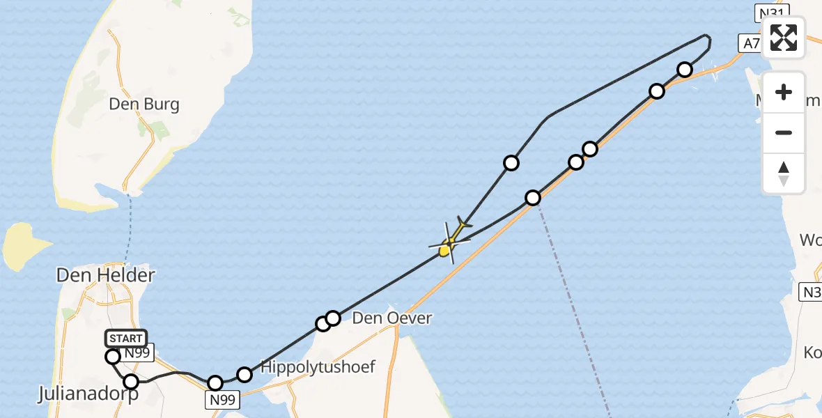 Routekaart van de vlucht: Kustwachthelikopter naar Den Oever, Luchthavenweg