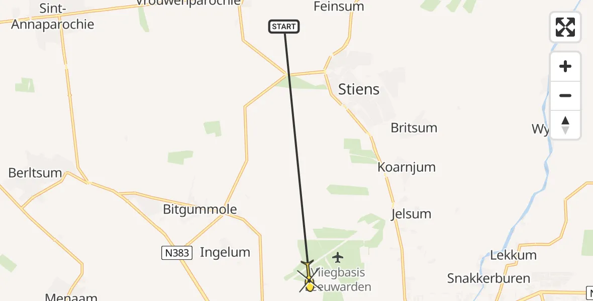 Routekaart van de vlucht: Ambulancehelikopter naar Vliegbasis Leeuwarden, Keegsdijkje