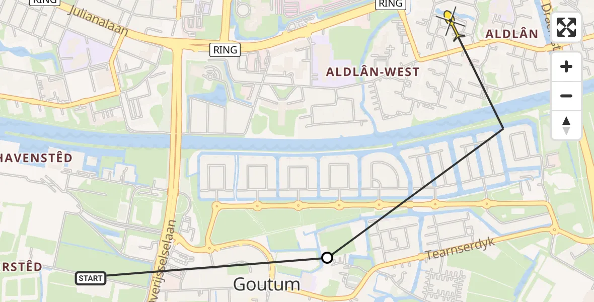 Vluchtroute Ambulancehelikopter van Leeuwarden naar Leeuwarden