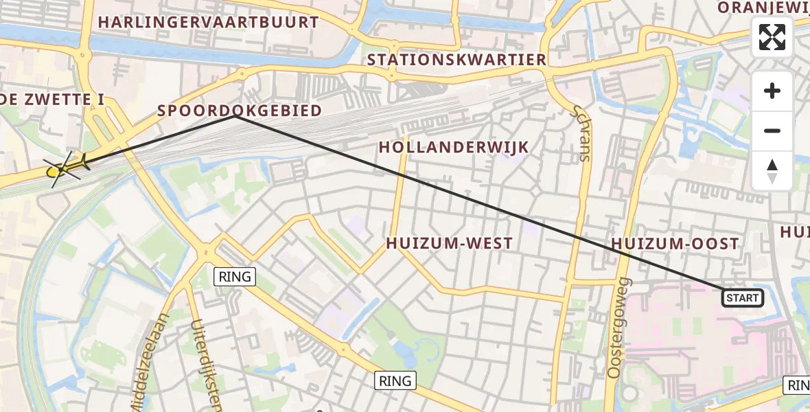 Vluchtroute Ambulancehelikopter van Leeuwarden naar Leeuwarden