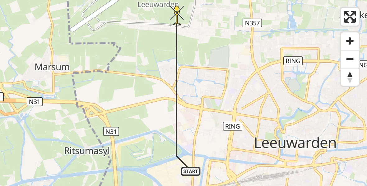 Vluchtroute Ambulancehelikopter van Leeuwarden naar Vliegbasis Leeuwarden