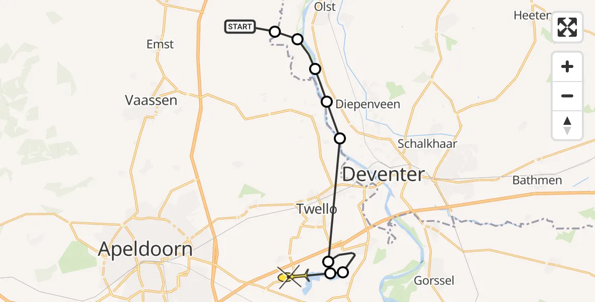 Routekaart van de vlucht: Politieheli naar Wilp, Blankematerweg