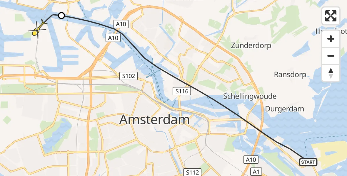 Routekaart van de vlucht: Lifeliner 1 naar Amsterdam Heliport, Erich Salomonstraat