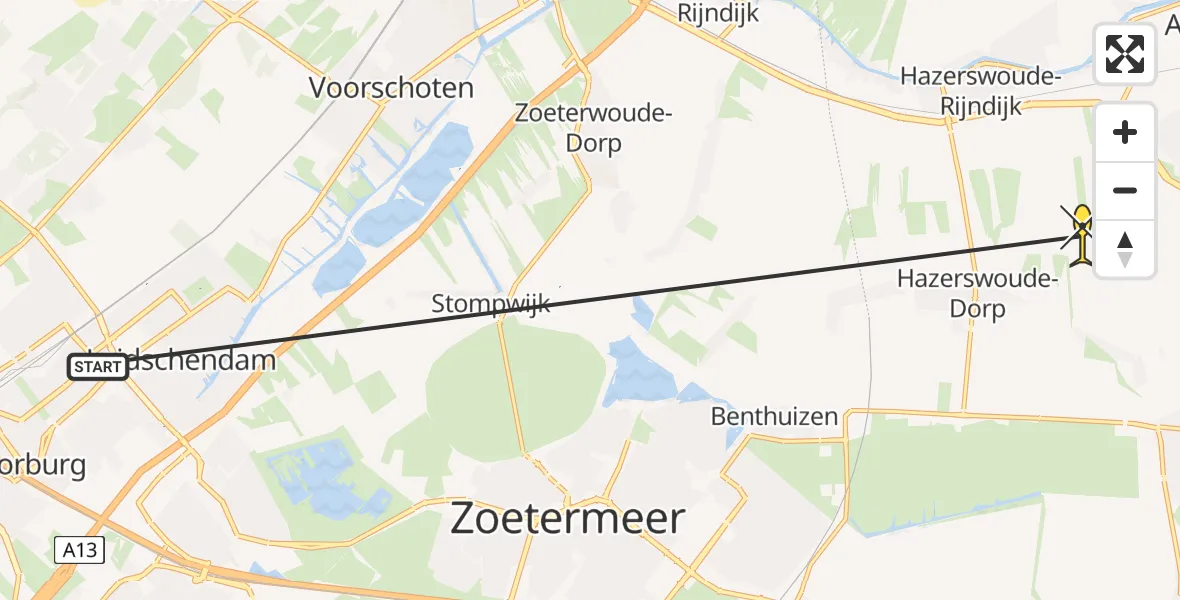 Routekaart van de vlucht: Traumaheli naar Hazerswoude-Dorp, Burgemeester Ten Heuvelhofweg