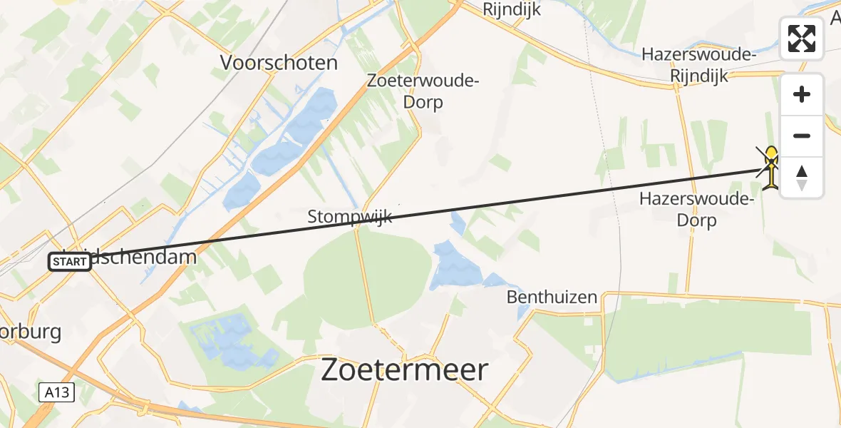 Routekaart van de vlucht: Traumahelikopter naar Hazerswoude-Dorp, Burgemeester Ten Heuvelhofweg