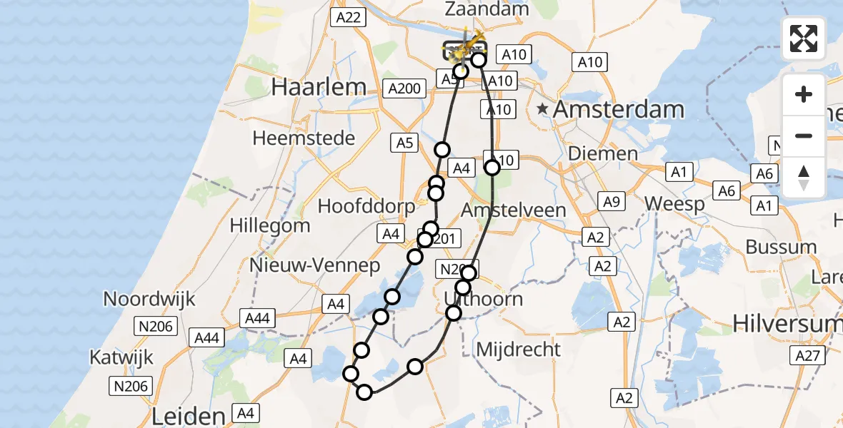 Vluchtroute Traumahelikopter van Amsterdam Heliport naar Amsterdam Heliport