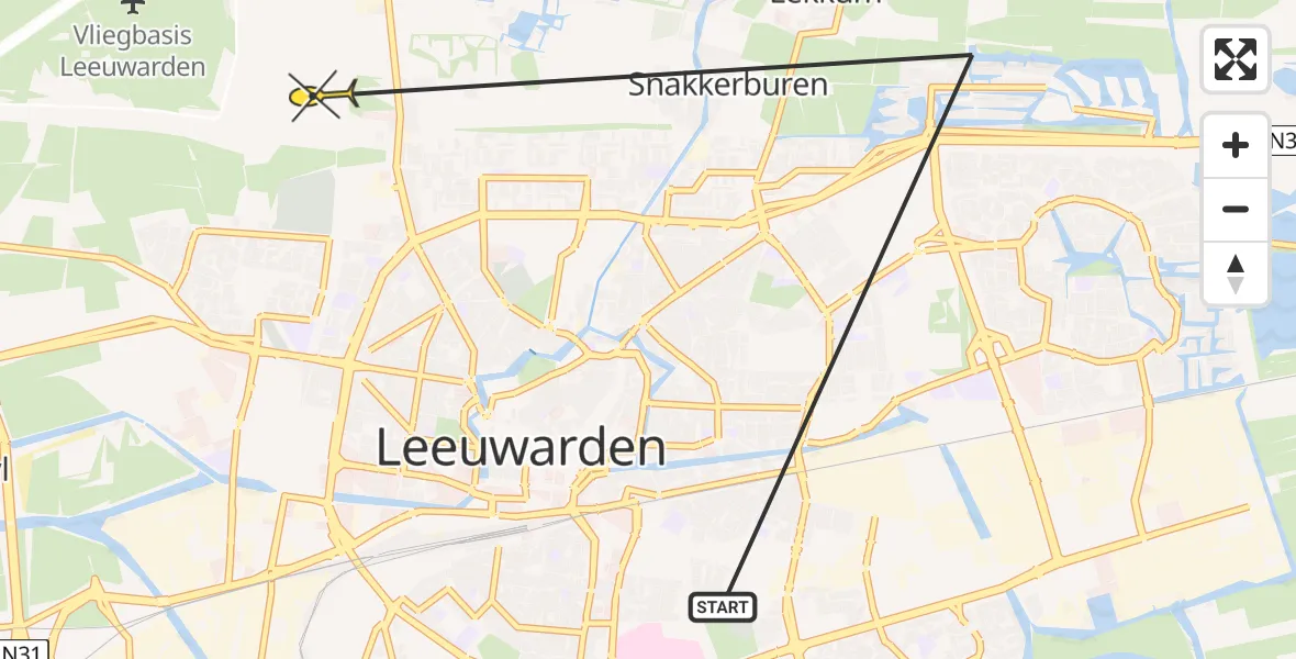 Vluchtroute Ambulancehelikopter van Leeuwarden naar Vliegbasis Leeuwarden