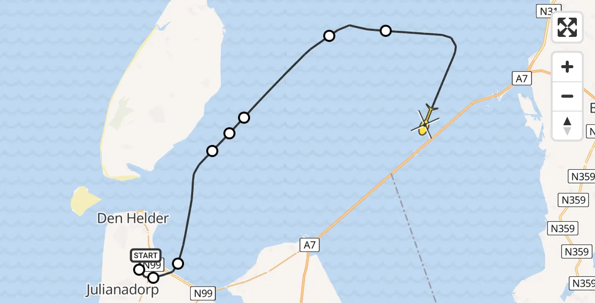 Routekaart van de vlucht: Kustwachthelikopter naar Harlingen, Kortevliet